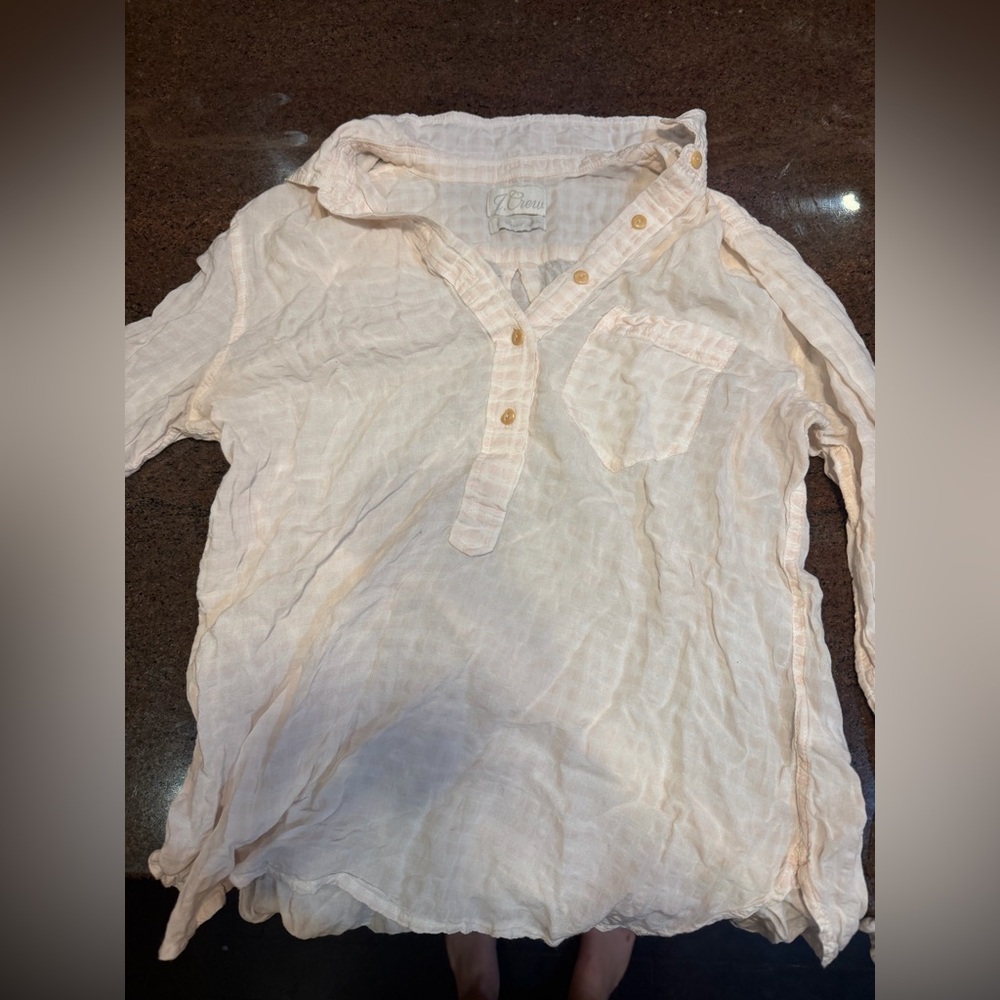 J. Crew Linen Button Down Top - white and light pink checkered top